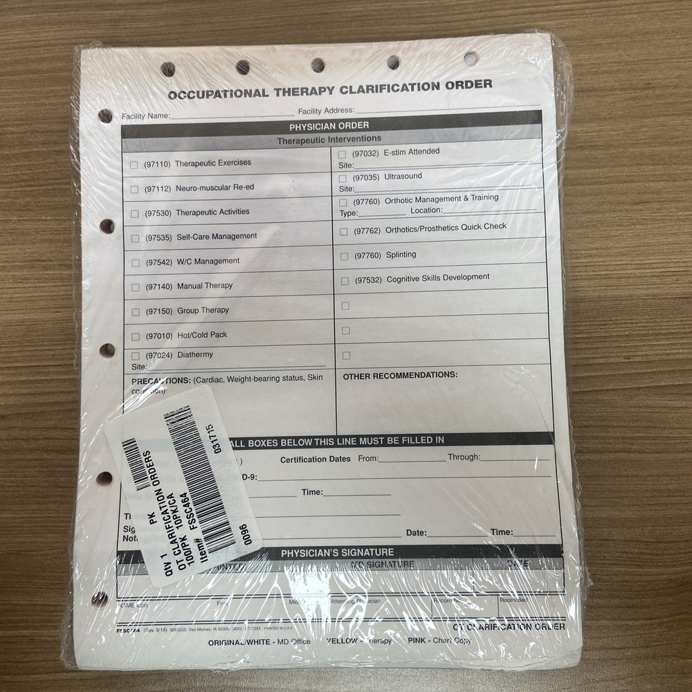 1 Pack‎ 100 Occupational Therapy Clarification Order Briggs Medical Form FSSC464